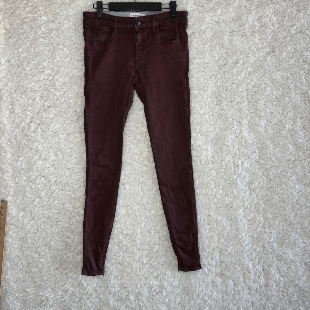 Habitual Denim Skinny Side Leg Zipper Jeans Burgundy Paint Coated Canvas Size 27